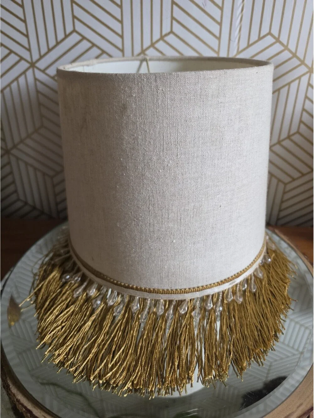 Vintage Fringed And Beaded Fabric Lampshade 10